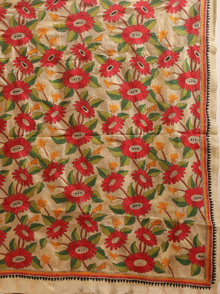 Tussar Silk Dupatta with Vibrant Red & Orange Kantha Florals