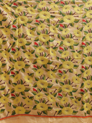 Lemon Yellow Floral Kantha Embroidered Tussar Silk Dupatta