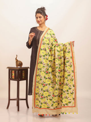 Lemon Yellow Floral Kantha Embroidered Tussar Silk Dupatta