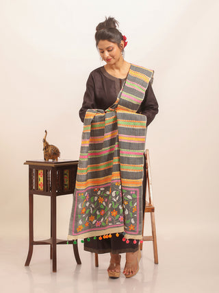 Striped Tussar Silk Dupatta with Floral Kantha Embroidery