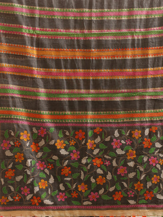 Striped Tussar Silk Dupatta with Floral Kantha Embroidery