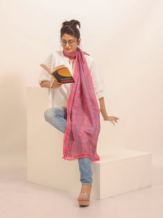 Coral Pink Tussar Silk Dupatta with Hand Block Print and Kantha Embroidery