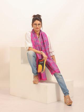 Magenta Tussar Silk Dupatta with Block Print and Kantha Highlights