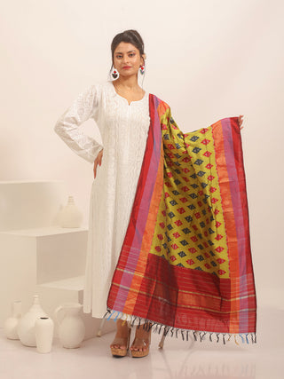 Lime Green and Maroon Pochampally Pure Silk Dupatta with Ikkat Weaves