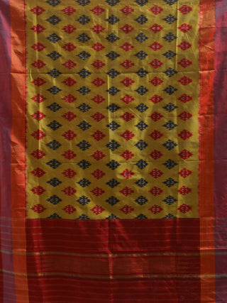 Lime Green and Maroon Pochampally Pure Silk Dupatta with Ikkat Weaves