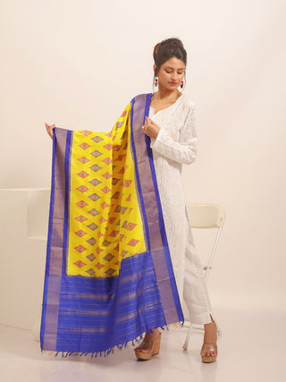 Yellow and Blue Pochampally Pure Silk Dupatta with Ikkat Motifs
