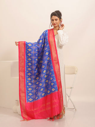Royal Blue and Red Pochampally Pure Silk Dupatta with Diamond Patterned Ikkat Weave