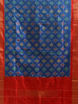Peacock Blue and Red Pochampally Pure Silk Dupatta with Traditional Ikkat Weaves