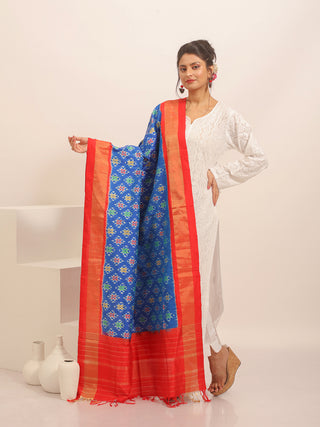 Peacock Blue and Red Pochampally Pure Silk Dupatta with Traditional Ikkat Weaves