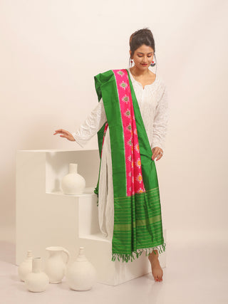 Hot Pink and Parrot Green Pochampally Pure Silk Dupatta with Floral Ikkat Design