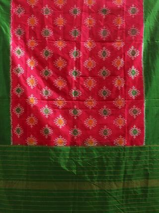 Hot Pink and Parrot Green Pochampally Pure Silk Dupatta with Floral Ikkat Design