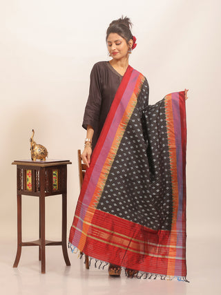 Black and Maroon Pochampally Pure Silk Dupatta with Subtle Ikkat Detailing