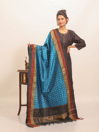 Azure Blue Pochampally Pure Silk Dupatta with Rusty Red and Black Border