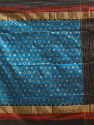 Azure Blue Pochampally Pure Silk Dupatta with Rusty Red and Black Border