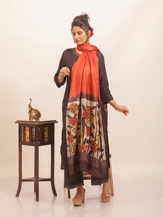 Rust and Coffee Brown Pure Silk Dupatta with Red-Yellow Floral Batik