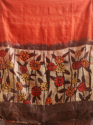 Rust and Coffee Brown Pure Silk Dupatta with Red-Yellow Floral Batik