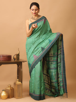 Dark Sea Green Pure Matka Silk Saree With Temples And Geometric Weaves