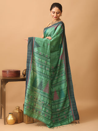 Dark Sea Green Pure Matka Silk Saree With Temples And Geometric Weaves