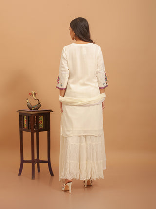 Pristine White Hand-Embroidered Viscose Georgette Sharara Set with Chiffon Dupatta