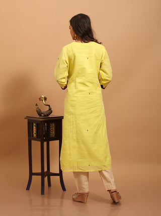 Lemon Yellow & Beige Bengal Handloom Cotton Jamdani Kurta Set with Dual Dupatta Options