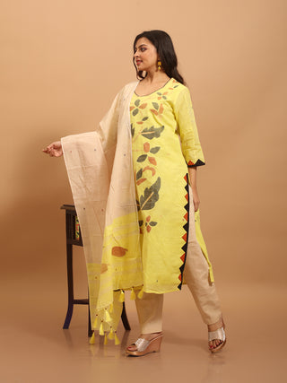 Lemon Yellow & Beige Bengal Handloom Cotton Jamdani Kurta Set with Dual Dupatta Options