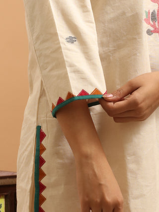Ivory Bengal Handloom Cotton Jamdani Kurta Set with Appliqué Trims