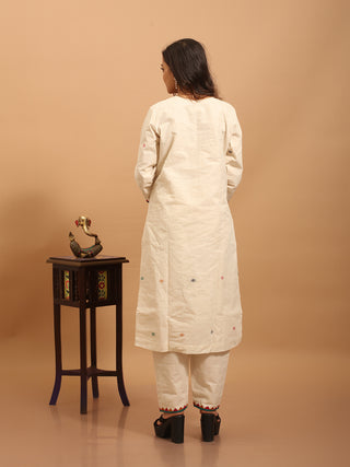 Ivory Bengal Handloom Cotton Jamdani Kurta Set with Appliqué Trims