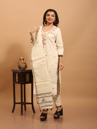Ivory Bengal Handloom Cotton Jamdani Kurta Set with Appliqué Trims