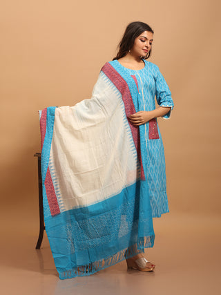 Sky Blue Handloom Ikkat Cotton Kurta Set with Kantha Patches & Mirror Accents
