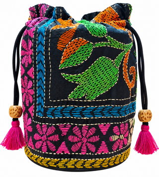Black Pure Silk Potli with Vibrant Green and Orange Kantha Embroidery
