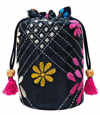 Black Pure Silk Potli with Multicolour Floral Kantha Embroidery