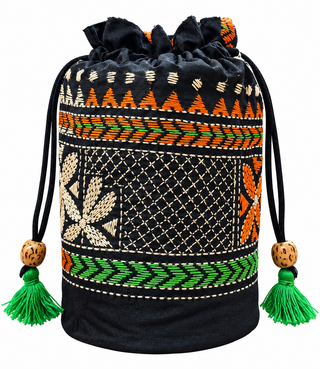 Black Pure Silk Potli with Multicolour Geometric Kantha Embroidery