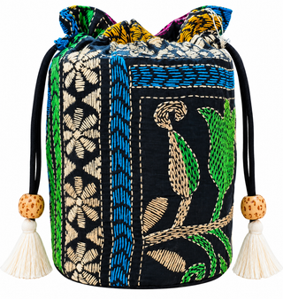 Black Pure Silk Potli with Green and Blue Floral Kantha Embroidery