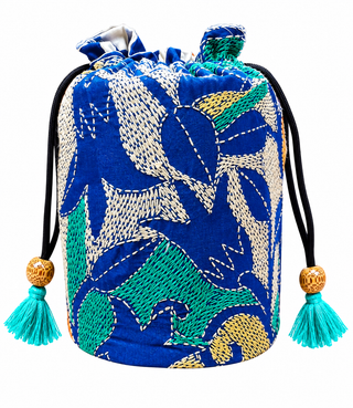 Royal Blue Pure Silk Potli with Abstract Kantha Embroidery