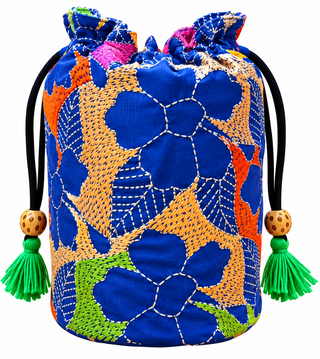 Royal Blue Pure Silk Potli with Peach Floral Kantha Embroidery