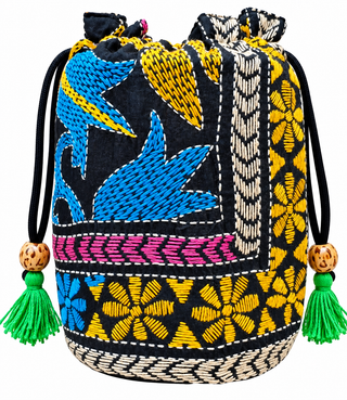 Black Pure Silk Potli with Vibrant Blue and Yellow Kantha Embroidery