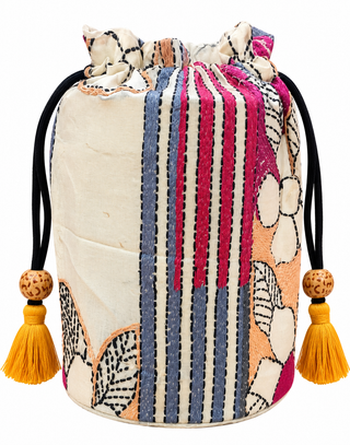 Ivory Pure Silk Potli with Grey and Red Floral Kantha Embroidery