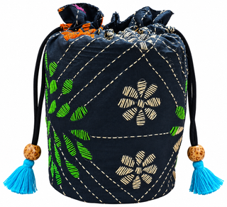 Black Pure Silk Potli with Multicolour Floral Kantha Embroidery
