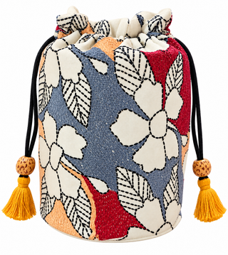 Ivory Pure Silk Potli with Grey and Red Floral Kantha Embroidery