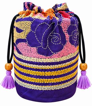 Purple Pure Silk Potli with Multicolour Striped Kantha Embroidery
