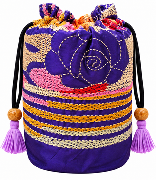 Purple Pure Silk Potli with Multicolour Striped Kantha Embroidery