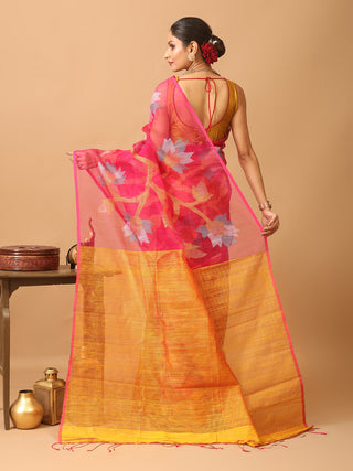 Fuchsia Muslin-Yellow Matka Silk Combination Saree With Jamdani Weaves