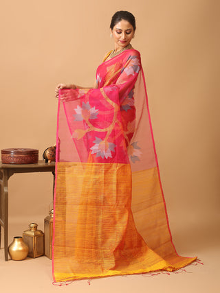 Fuchsia Muslin-Yellow Matka Silk Combination Saree With Jamdani Weaves