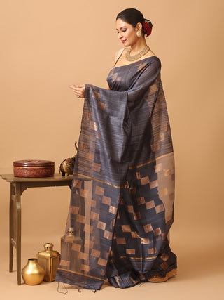 Grey Washed Pure Matka Silk Saree With Antique Golden Zari Geometric Weaves
