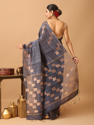 Grey Washed Pure Matka Silk Saree With Antique Golden Zari Geometric Weaves