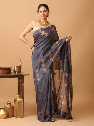Grey Washed Pure Matka Silk Saree With Antique Golden Zari Geometric Weaves
