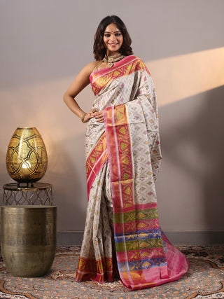 Mrinalini-Ivory and Pink Rajkot Single Ikkat Pure Mulberry Silk Patola Saree