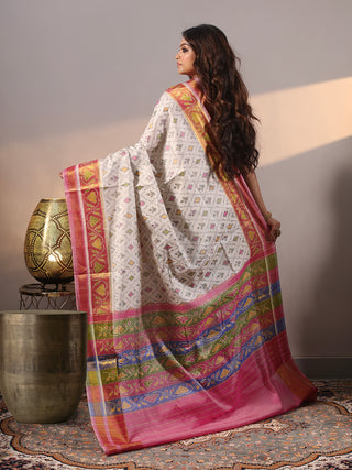 Mrinalini-Ivory and Pink Rajkot Single Ikkat Pure Mulberry Silk Patola Saree