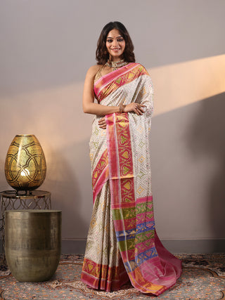 Shvetkamal- Ivory and Pink Rajkot Single Ikkat Pure Mulberry Silk Patola Saree