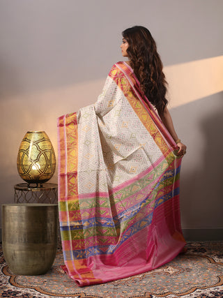 Shvetkamal- Ivory and Pink Rajkot Single Ikkat Pure Mulberry Silk Patola Saree